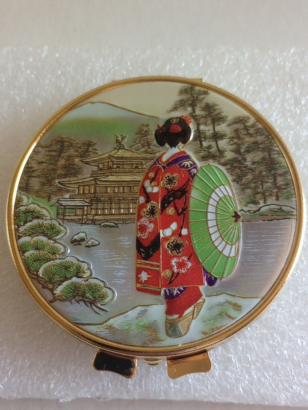 Vintage Japanese Geisha Compact Mirror with Green Parasol
